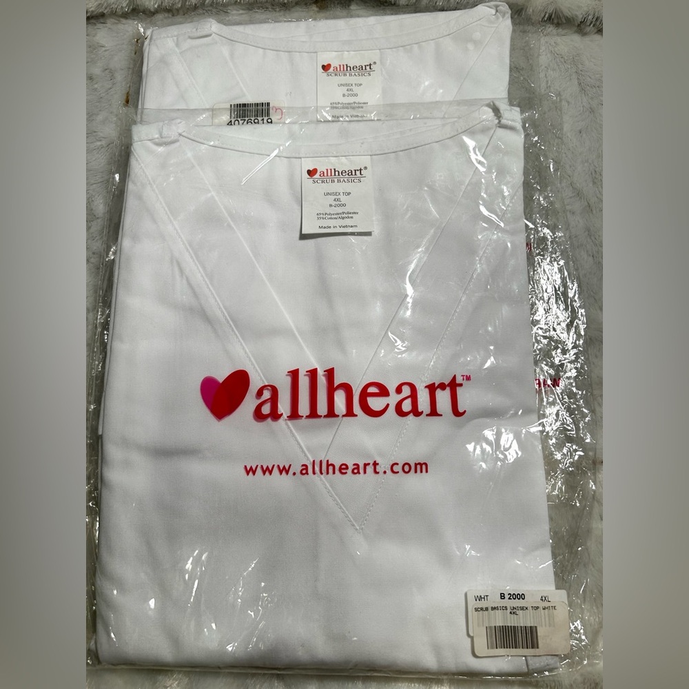 (2) NEW UNISEX MENS 4XL ALLHEART B2000 WHITE V-NECK 1 POCKET SCRUB TOP SHIRT